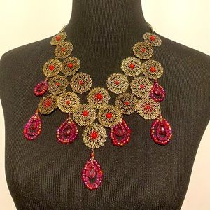 Gold Medallion And Burgundy Beaded Statement Necklace Excellent Used Condition